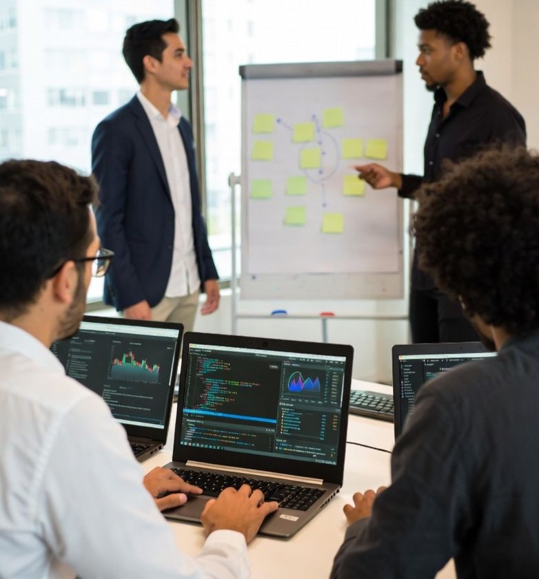 team of developers collaborating over laptops with dashboards on screen