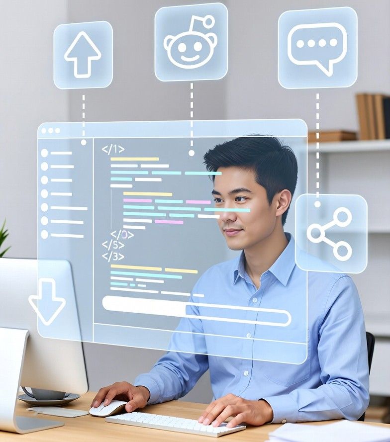 frontend developer coding a transparent user interface while Reddit-style engagement icons float around the screen